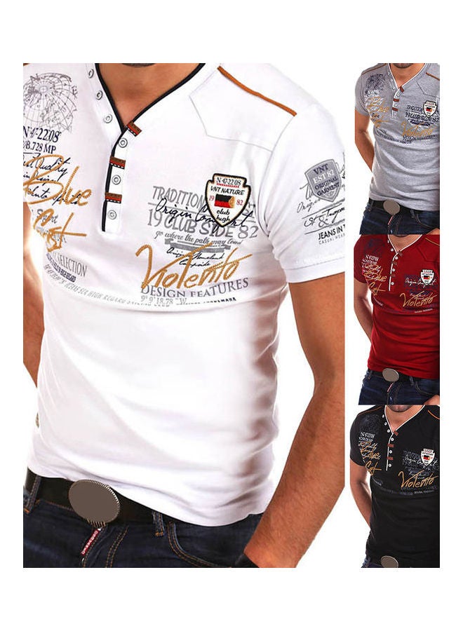 Letter Print Buttons V Neck Short Sleeve T-Shirt White  - Image 2