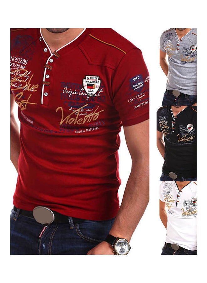 Letter Print Buttons V Neck Short Sleeve T-Shirt White  - Image 4
