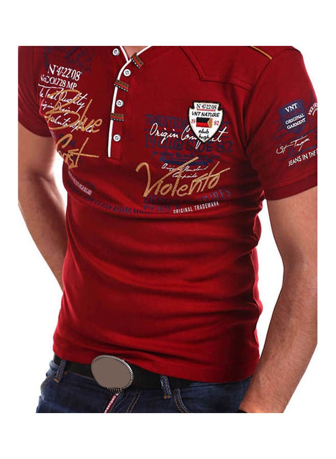 Letter Print Buttons V Neck Short Sleeve T-Shirt Red  - Image 1
