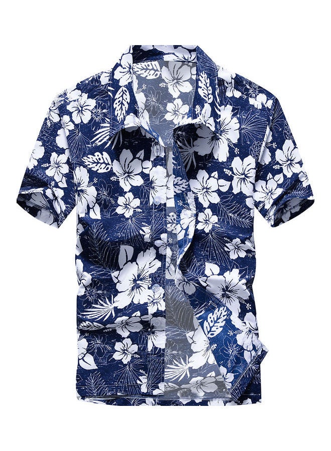 قميص صيفي بأكمام قصيرة وياقة مقلوبة أزرق/أبيض - Image 1