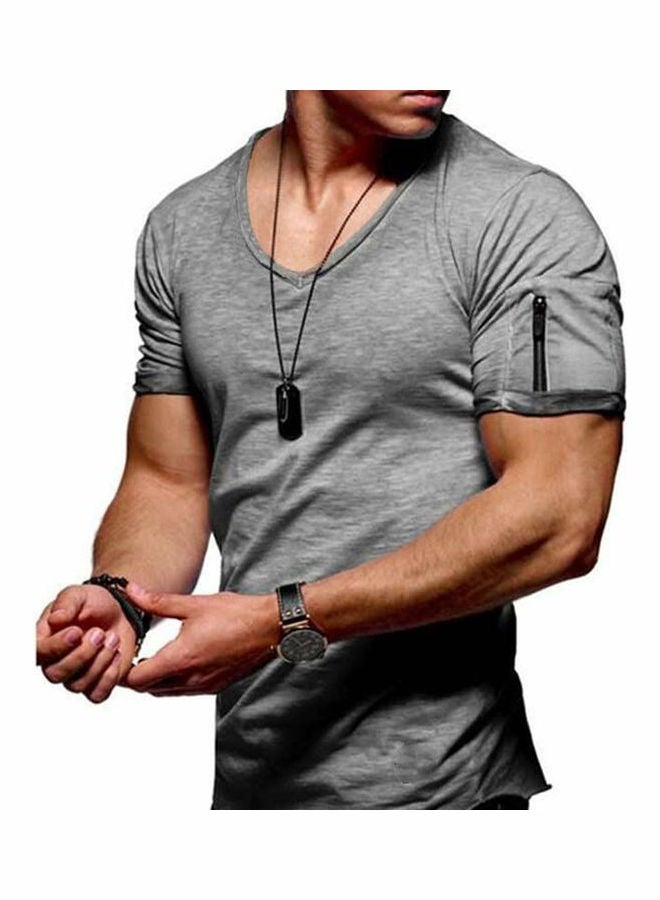 Zip Pocket V Neck T-Shirt Dark Grey 