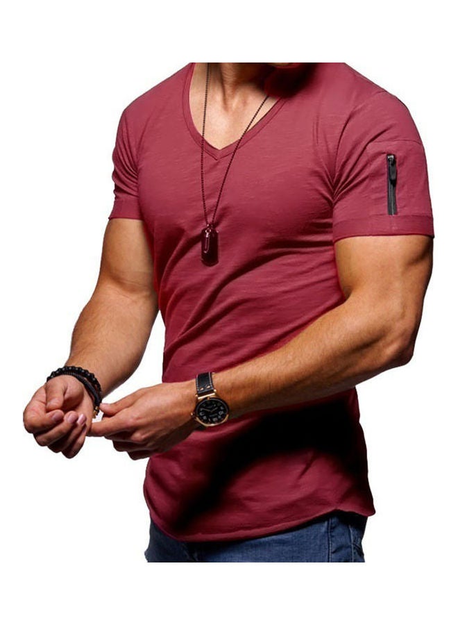 Zip Pocket Detail Solid T-Shirt Red