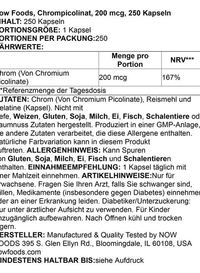 Now Foods - Chromium Picolinate 200 mcg - 250 Veg Capsules Packaging May Vary - Image 1