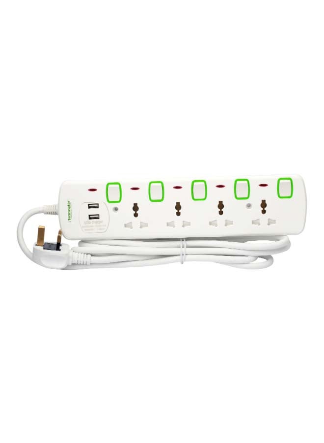 Terminator 4 Way Universal Power Extension Socket With 2 USB White/Green  - Image 2