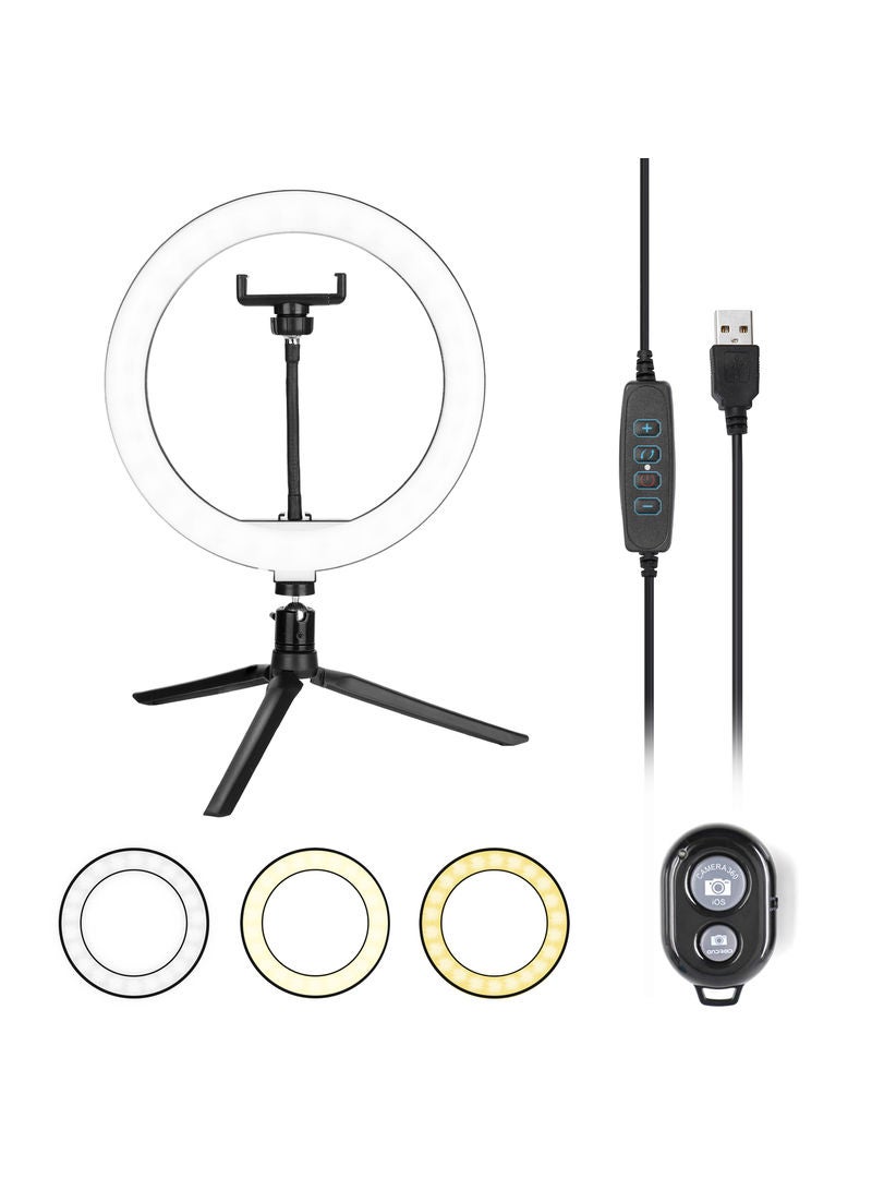 LED Selfie Adjustable Photography Ring Light With Mobile Phone Bracket Black - Image 1