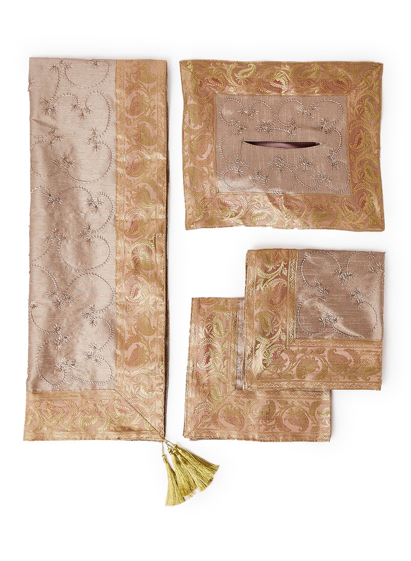 Ikras 4-Piece Embroidered Runner With Placemat And Tissue Box Set Beige/Gold 50x100cm  - Image 1