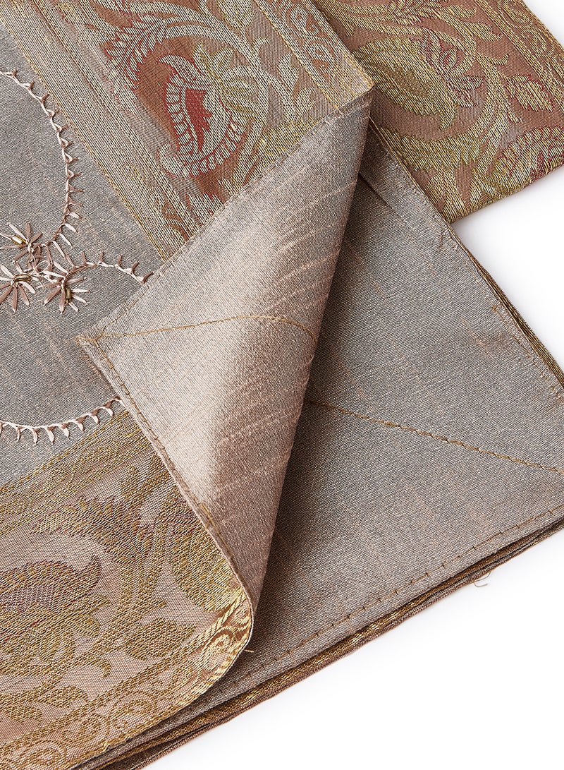 Ikras 4-Piece Embroidered Runner With Placemat And Tissue Box Set Beige/Gold 50x100cm  - Image 2