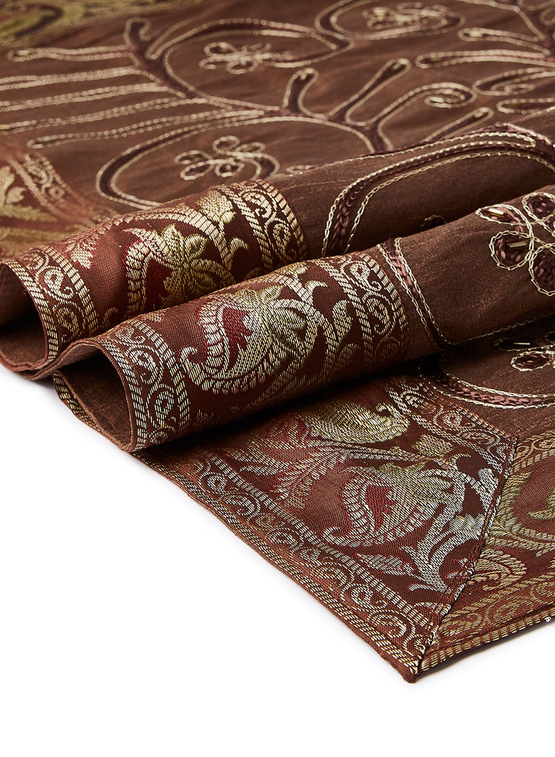 Ikras - 5-Piece Embroidered Placemat and Table Runner Set Brown - Image 1