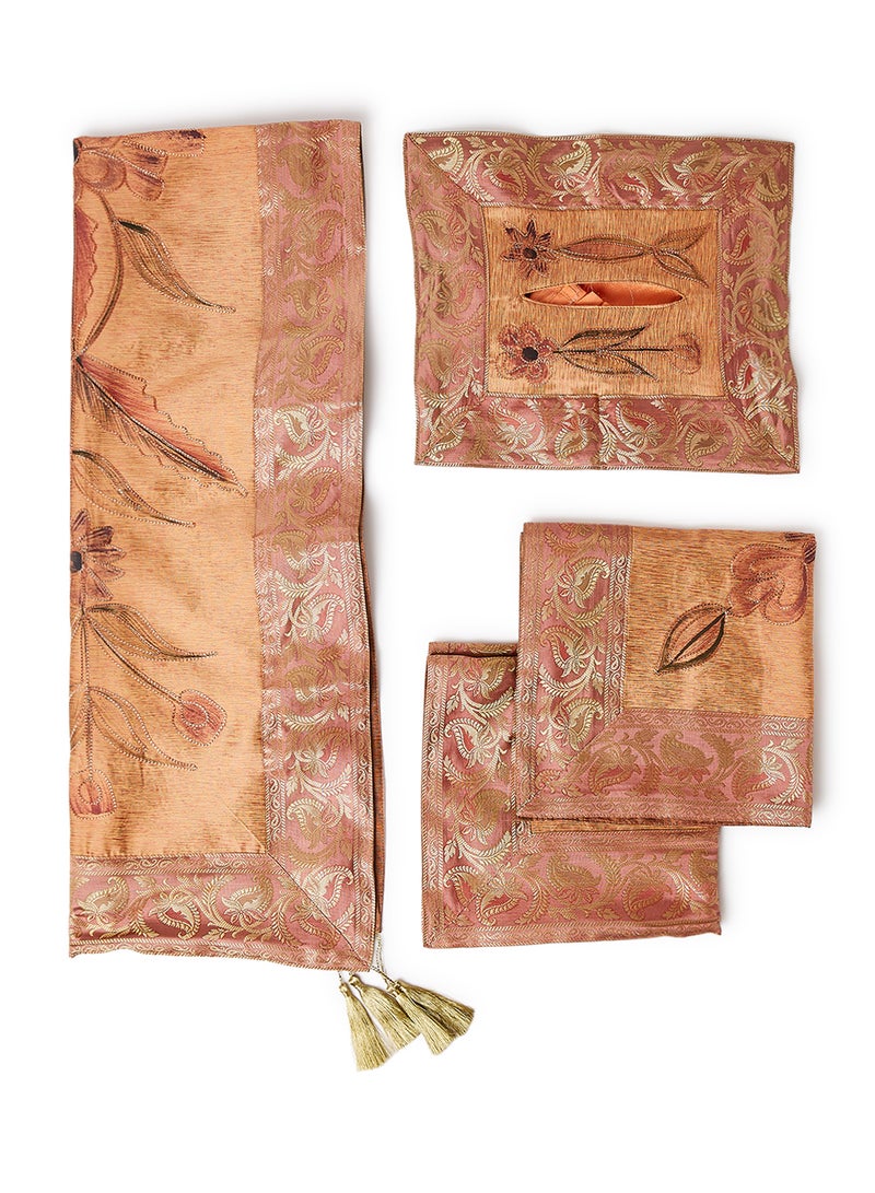 Ikras 4-Piece Embroidered Runner With Placemat And Tissue Box Set Beige 100x50cm  - Image 1