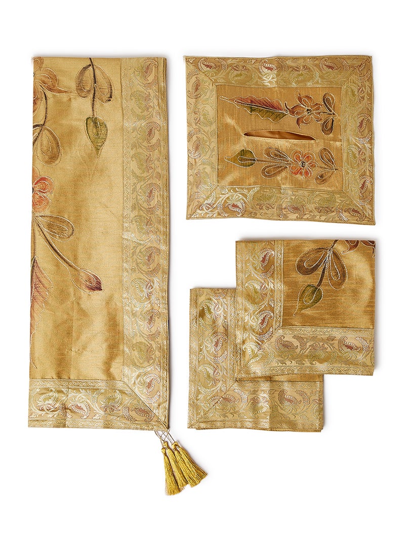 Ikras 4-Piece Embroidered Runner With Placemat And Tissue Box Set Beige 100x50cm  - Image 1