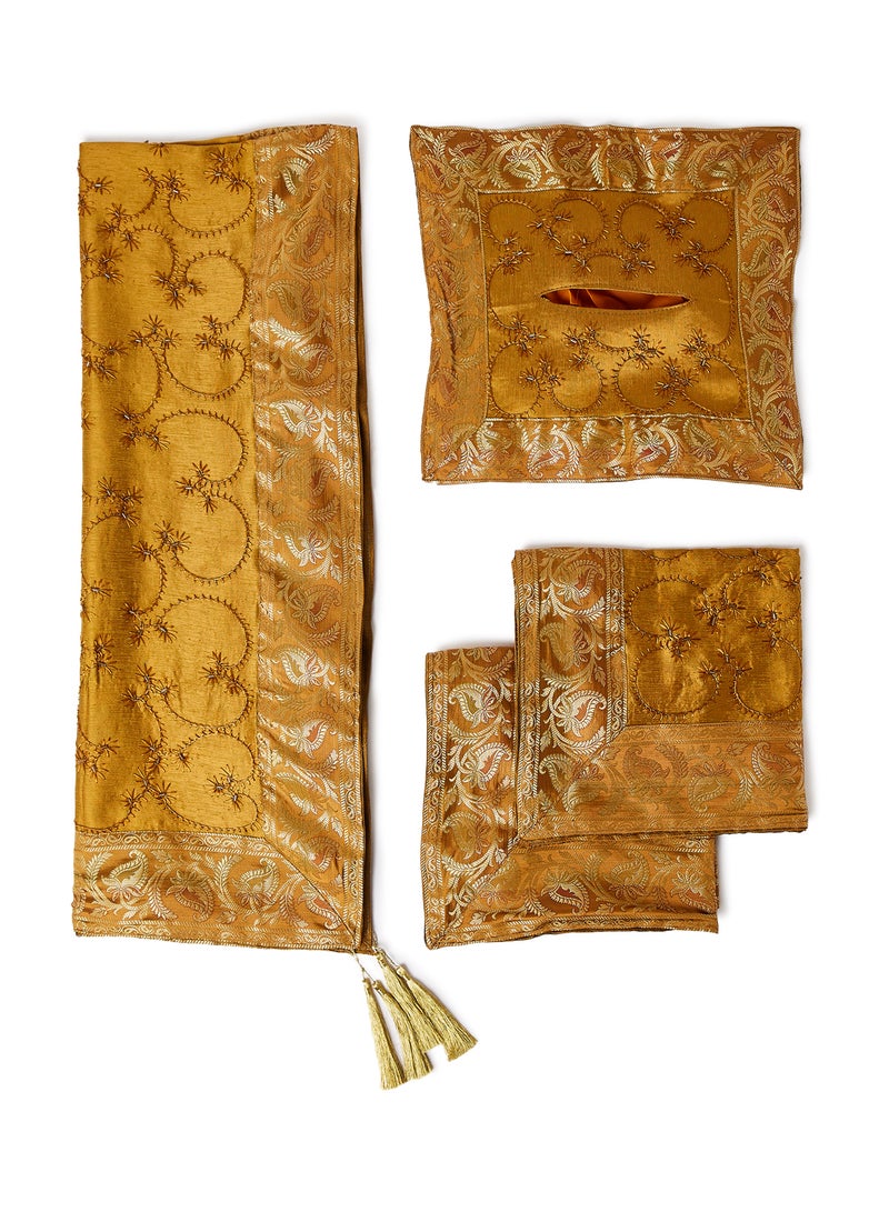 Ikras 4-Piece Embroidered Runner With Placemat And Tissue Box Set Yellow 50x100cm - Image 1