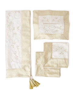 Ikras 4-Piece Embroidered Runner With Placemat And Tissue Box Set White/Beige 50x100cm  - Image 1
