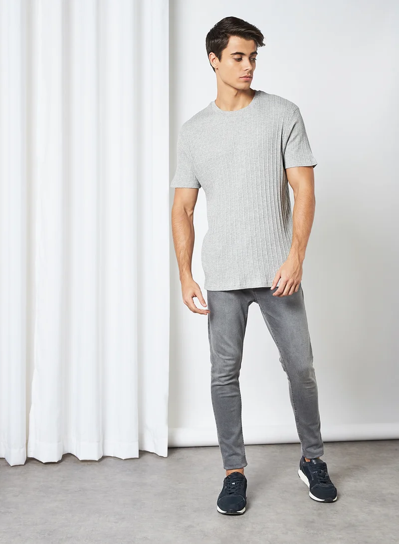 BRAVE SOUL Solid Ribbed T-Shirt Grey Marl