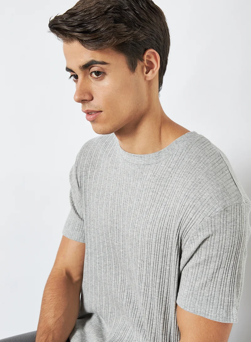 BRAVE SOUL Solid Ribbed T-Shirt Grey Marl