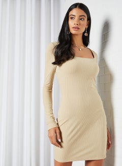 Ribbed Bodycon Mini Dress Beige