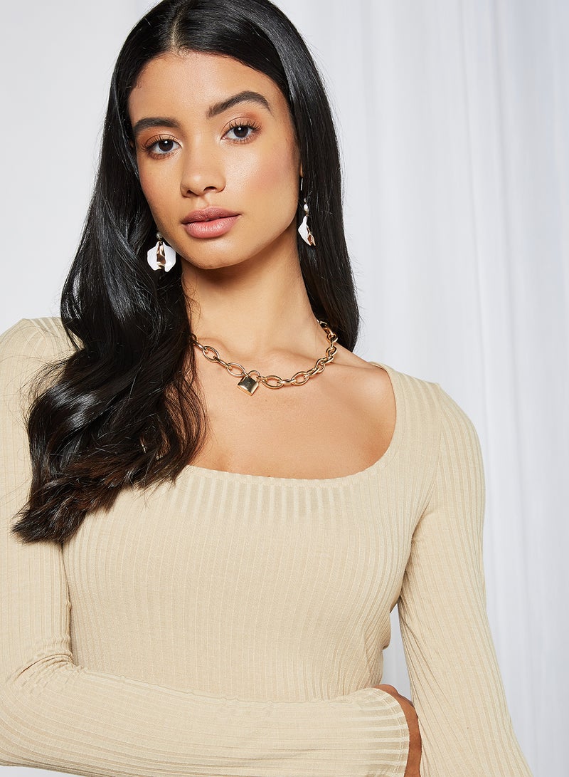 NA-KD - Ribbed Bodycon Mini Dress Beige - Image 1