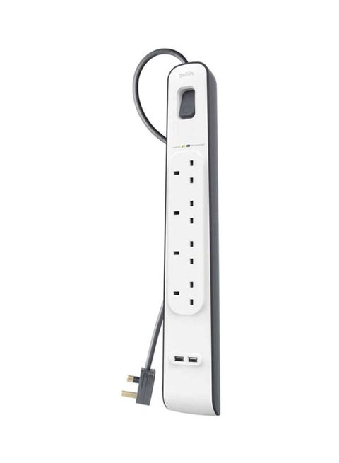 Belkin 4 Way/4 Plug Surge Protection Strip With 2 Meters Cord Length - Heavy Duty Electrical Extension Socket With 2 X 2.4 A Shared Usb Ports Black/White