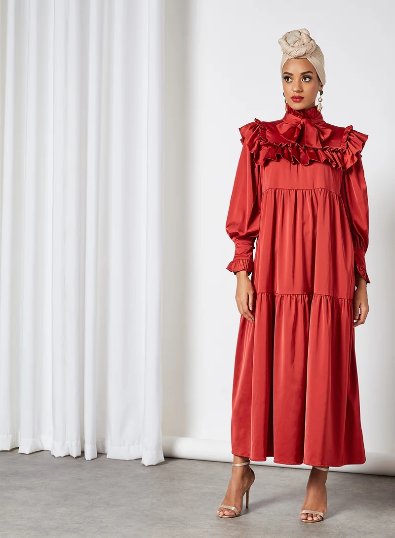 sister jane Ruffled Satin Babydoll Dress Red