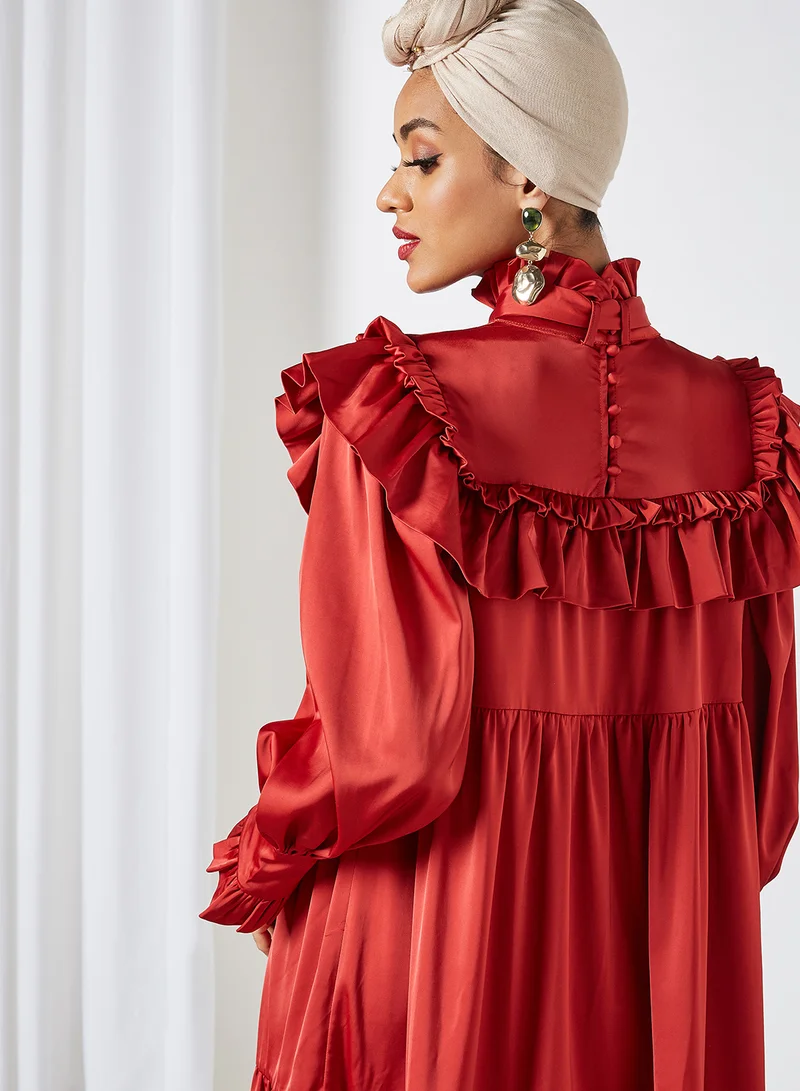 sister jane Ruffled Satin Babydoll Dress Red