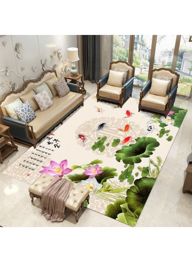 Home Rug Chinese Style Lotus Flower And Fish Non-Slip Living Room Bedroom Floor Mat Green 60*90(W*L)cmcm  - Image 1