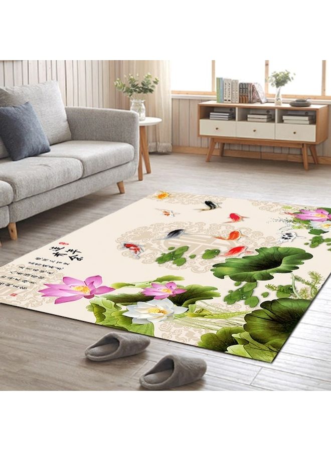 Home Rug Chinese Style Lotus Flower And Fish Non-Slip Living Room Bedroom Floor Mat Green 60*90(W*L)cmcm  - Image 2