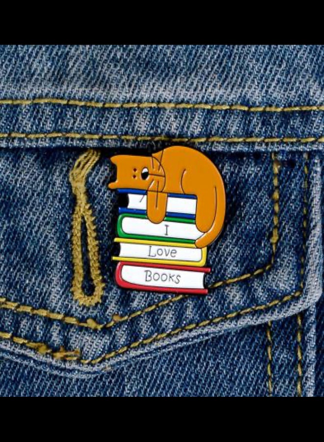 5esha Cat Sleeping In Books Design Brooch - Image 2