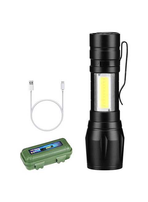 مصباح يدوي XPE صغير بإضاءة LED قابل للشحن ومزود بعدد 3 أوضاع ومزود بمشبك للجيب وصندوق أسود 10.1سم