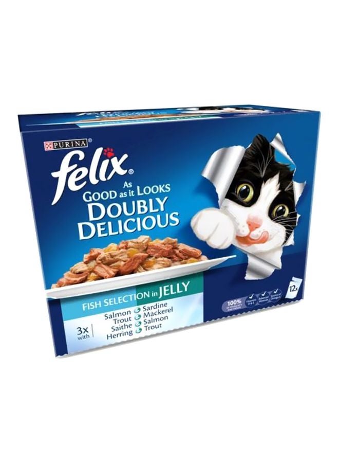 PURINA Pack Of 12 Doubly Delicious Fish Selection In Jelly Food Brown 12x100grams - Image 1