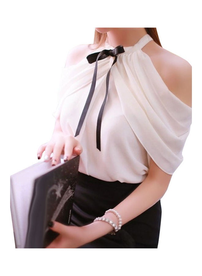 Off Shoulder Halter Neck Bowknot Slim Fit Chiffon Blouse Shirt White  - Image 1