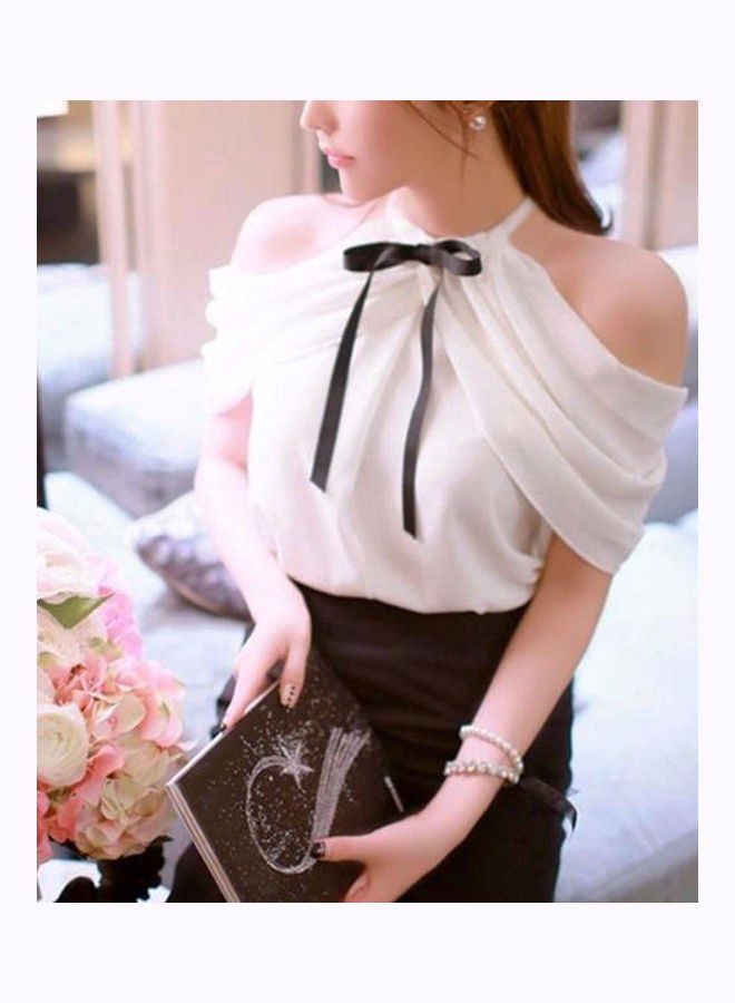Off Shoulder Halter Neck Bowknot Slim Fit Chiffon Blouse Shirt White  - Image 3