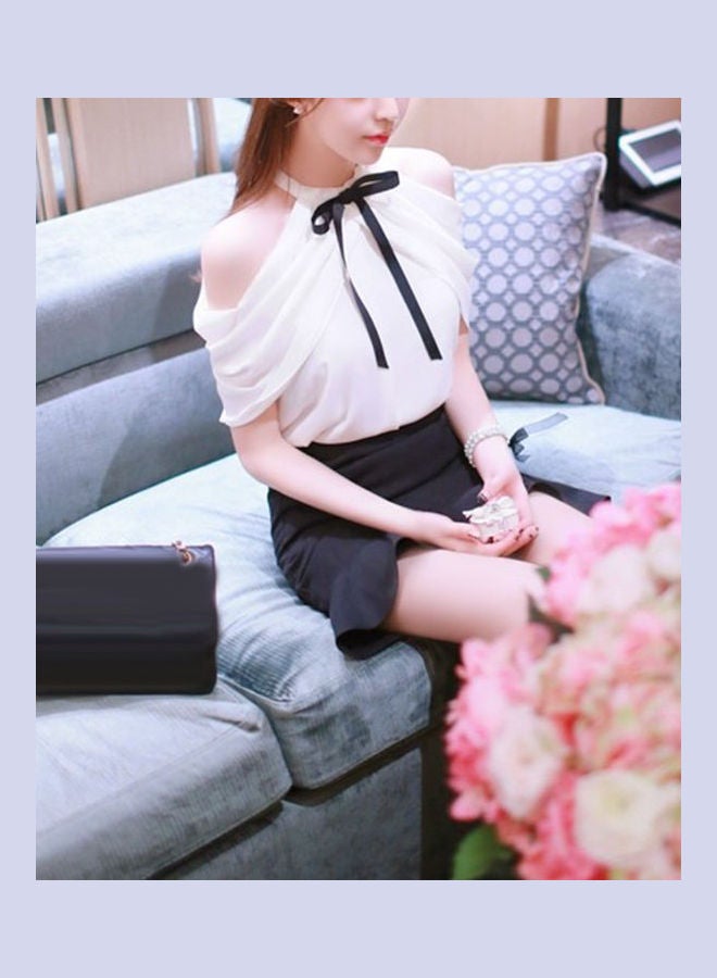 Off Shoulder Halter Neck Bowknot Slim Fit Chiffon Blouse Shirt White  - Image 4