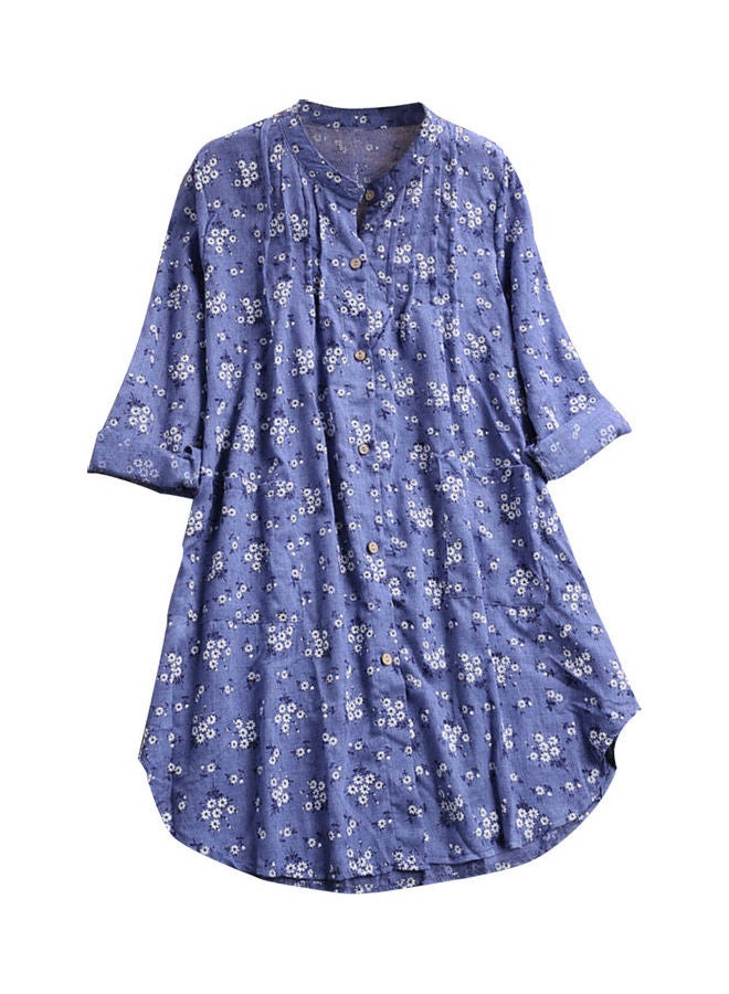 قميص طويل برقبة على شكل حرف V وطبعة زهور أزرق - Image 1