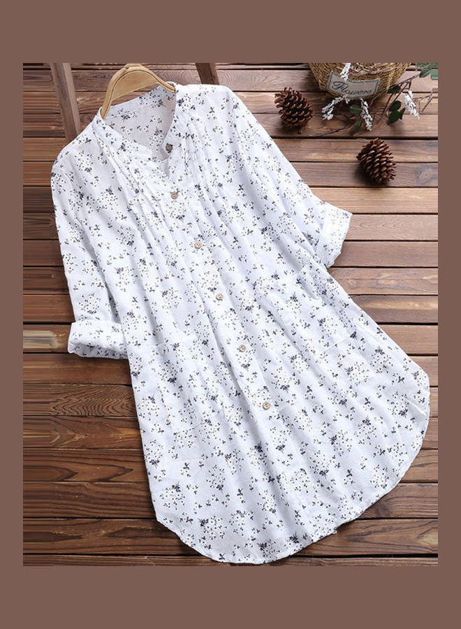 قميص طويل برقبة على شكل حرف V وطبعة زهور أزرق - Image 3