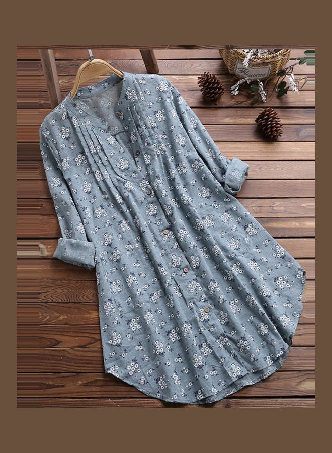 قميص طويل برقبة على شكل حرف V وطبعة زهور أزرق - Image 5