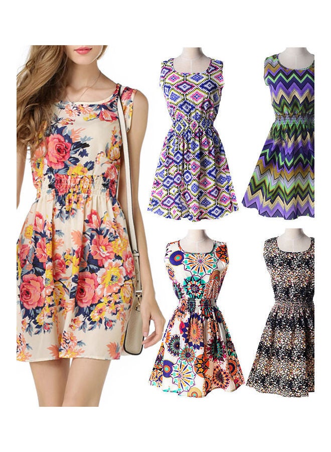 Flower Plaid Geometric Print Elastic Waist Summer Beach Sundress Multicolour  - Image 4