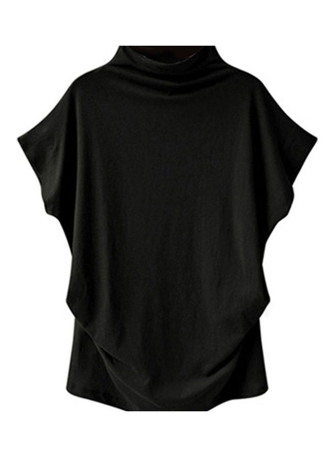 Plain Batwing Sleeve Side Pleats Turtleneck T-Shirt Black