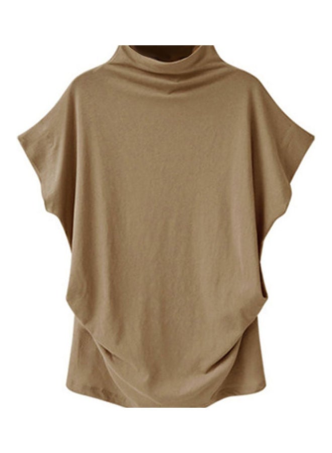 Plain Side Pleats Turtleneck T-Shirt Brown
