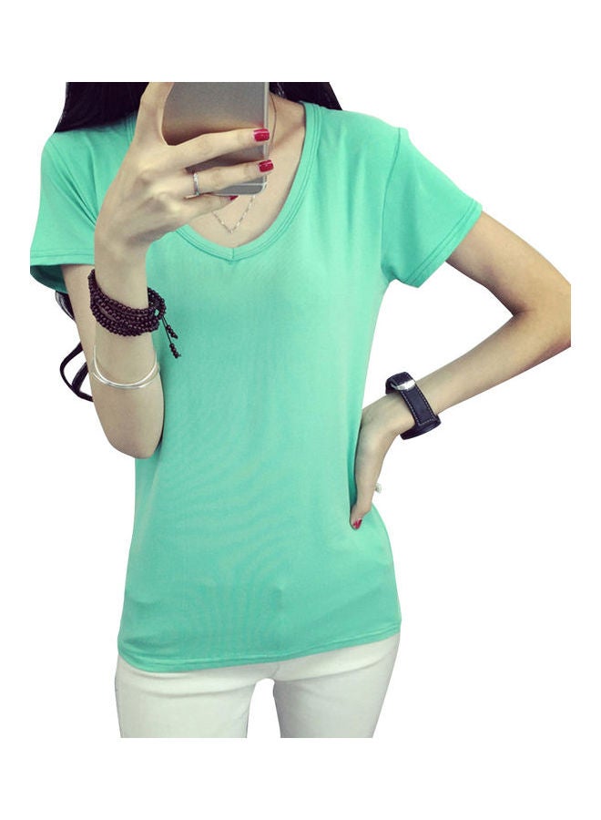 Slim Fit Basic V Neck Short Sleeve T-Shirt Light Green - Image 1