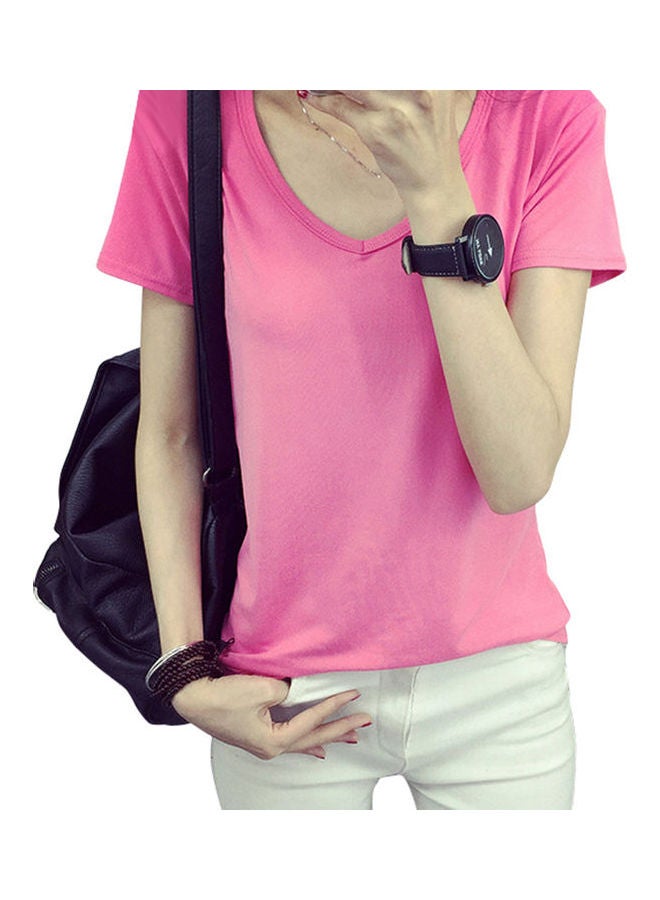 Slim Fit Basic V Neck Short Sleeve T-Shirt Rose Red - Image 1