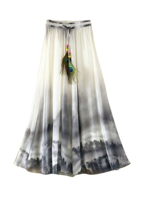 Chiffon Flower Print Maxi Long Skirt Grey