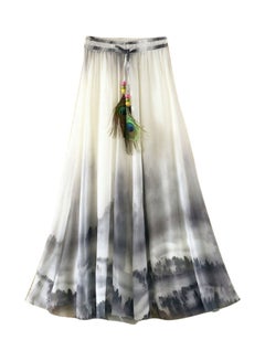 Bohemian Women Chiffon Flower Print Drawstring Maxi Skirt Grey