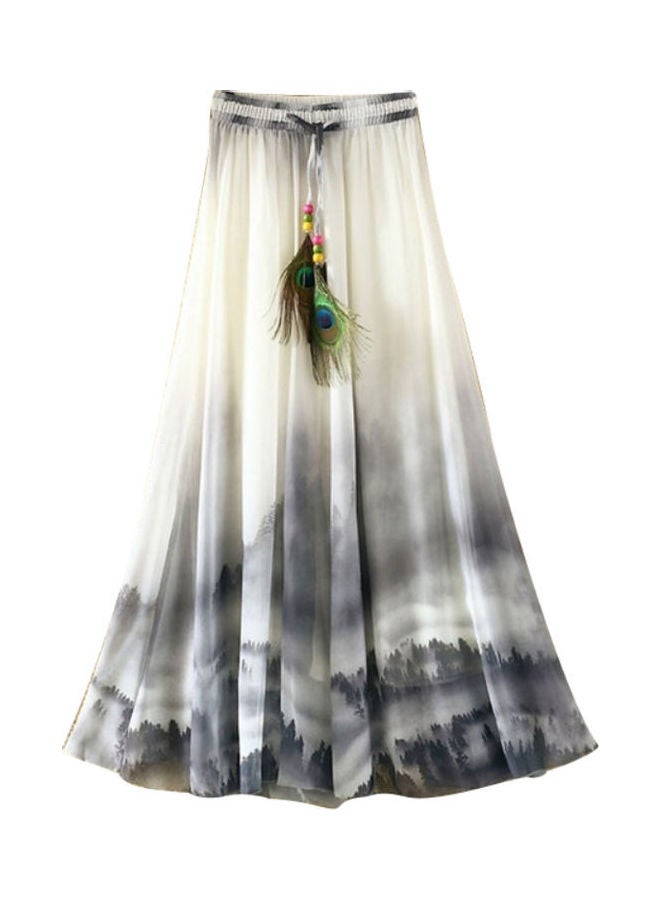 Generic - Bohemian Women Chiffon Flower Print Drawstring Maxi Skirt Grey - Image 1
