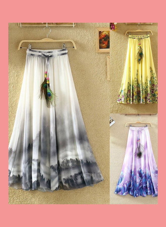 Generic - Bohemian Women Chiffon Flower Print Drawstring Maxi Skirt Grey - Image 1