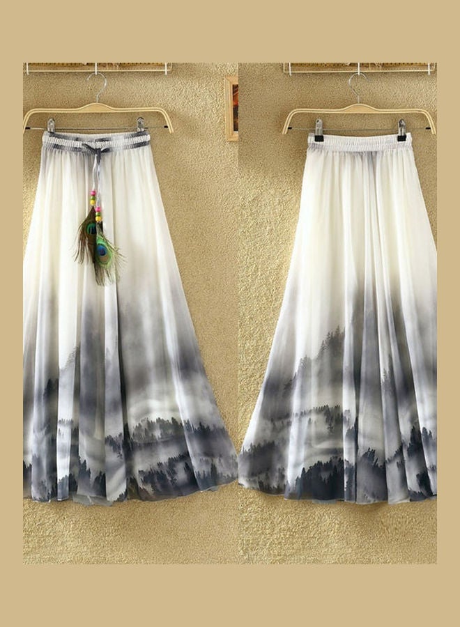 Generic - Bohemian Women Chiffon Flower Print Drawstring Maxi Skirt Grey - Image 1