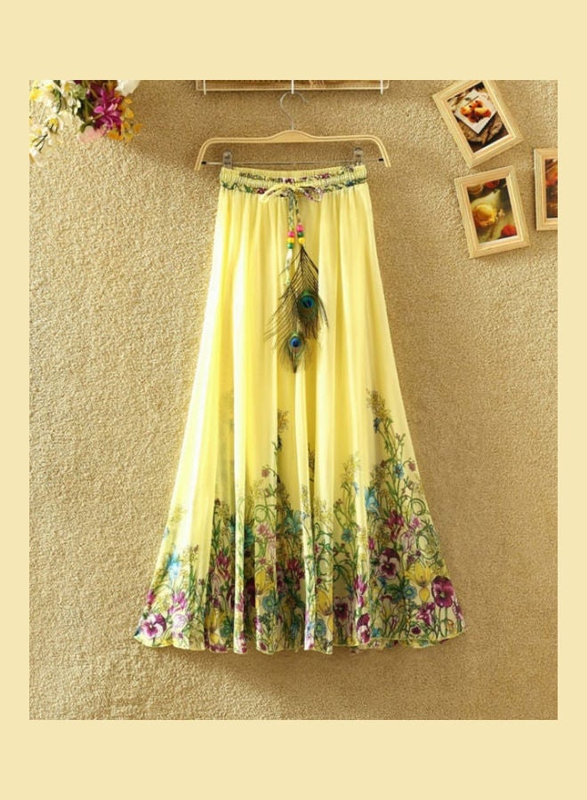 Generic - Bohemian Women Chiffon Flower Print Drawstring Maxi Skirt Grey - Image 1