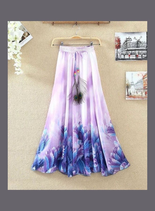 Generic - Bohemian Women Chiffon Flower Print Drawstring Maxi Skirt Grey - Image 1