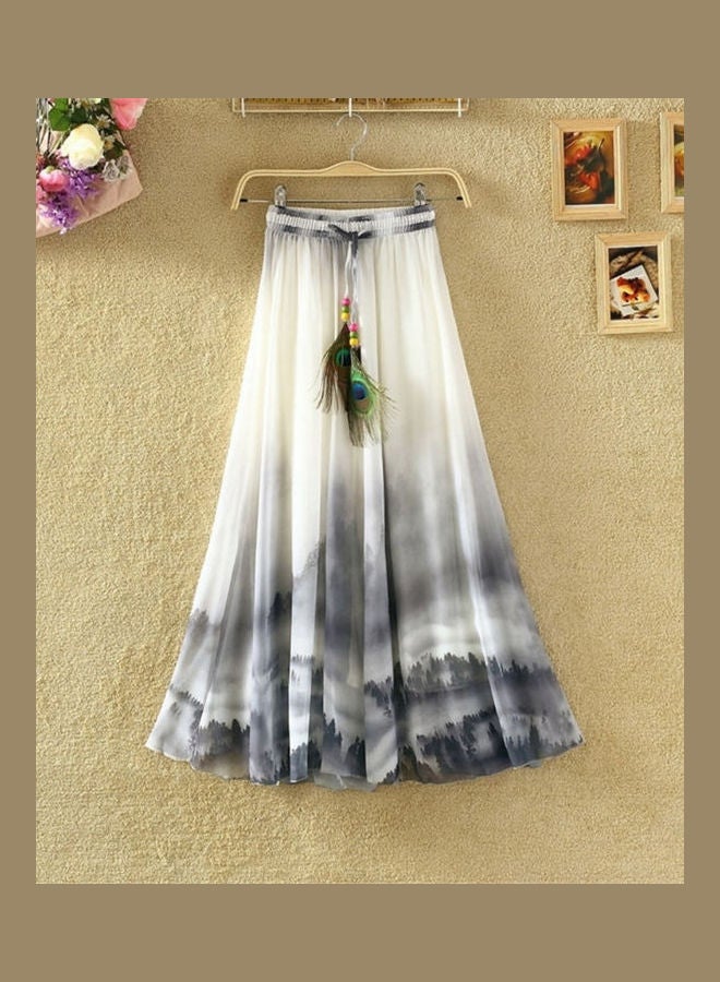 Generic - Bohemian Women Chiffon Flower Print Drawstring Maxi Skirt Grey - Image 1