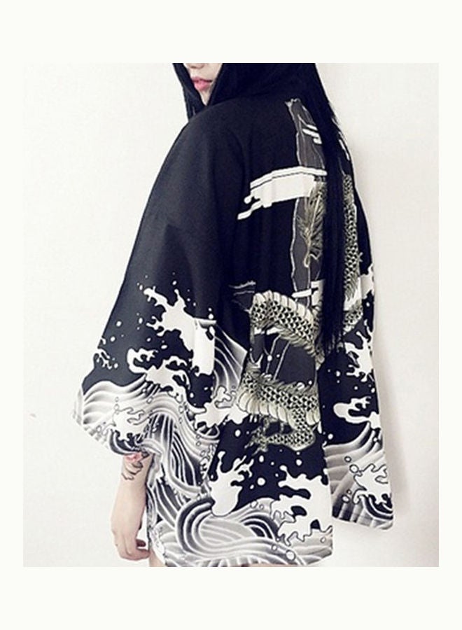 كارديجان نسائي واق من الشمس بنمط كيمونو مزين بطبعة تنين وموج بحر أبيض  - Image 5