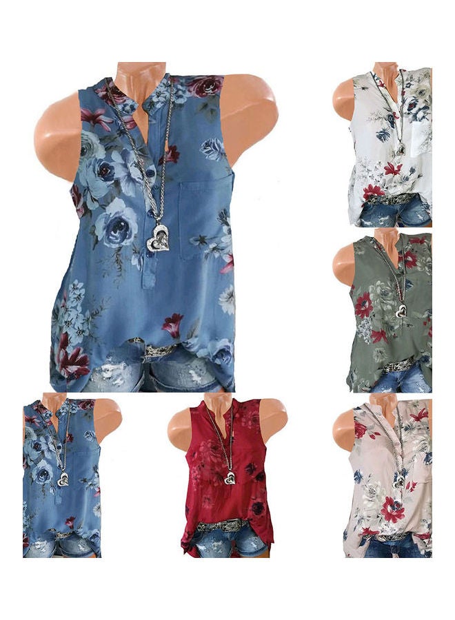 Plus Size Summer Retro Flower Print V Neck Sleeveless Women Loose Vest Tank Top Red  - Image 1