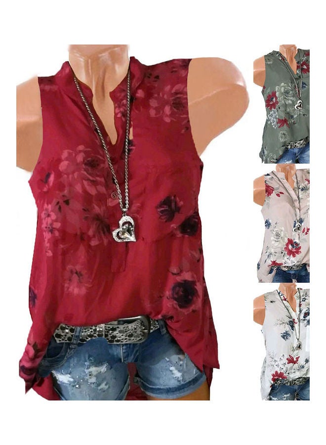 Plus Size Summer Retro Flower Print V Neck Sleeveless Women Loose Vest Tank Top Red  - Image 2